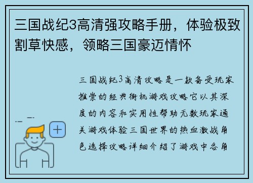 三国战纪3高清强攻略手册，体验极致割草快感，领略三国豪迈情怀